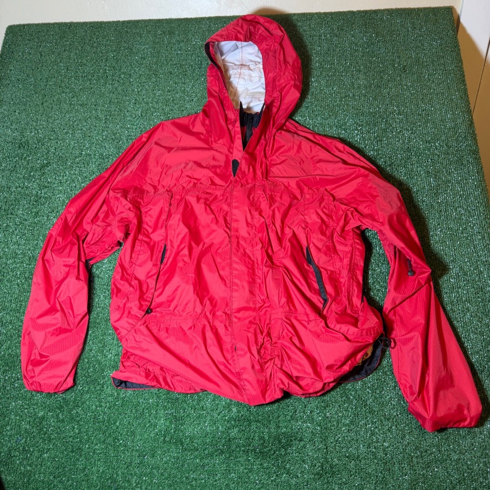 Y2K LL Bean Mens Red Ripstop  Hooded Rain Jacket Windbreaker Packable Pockets
